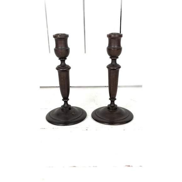 Vintage wooden spindle taper candlesticks set of 2 - Picture 2 of 6
